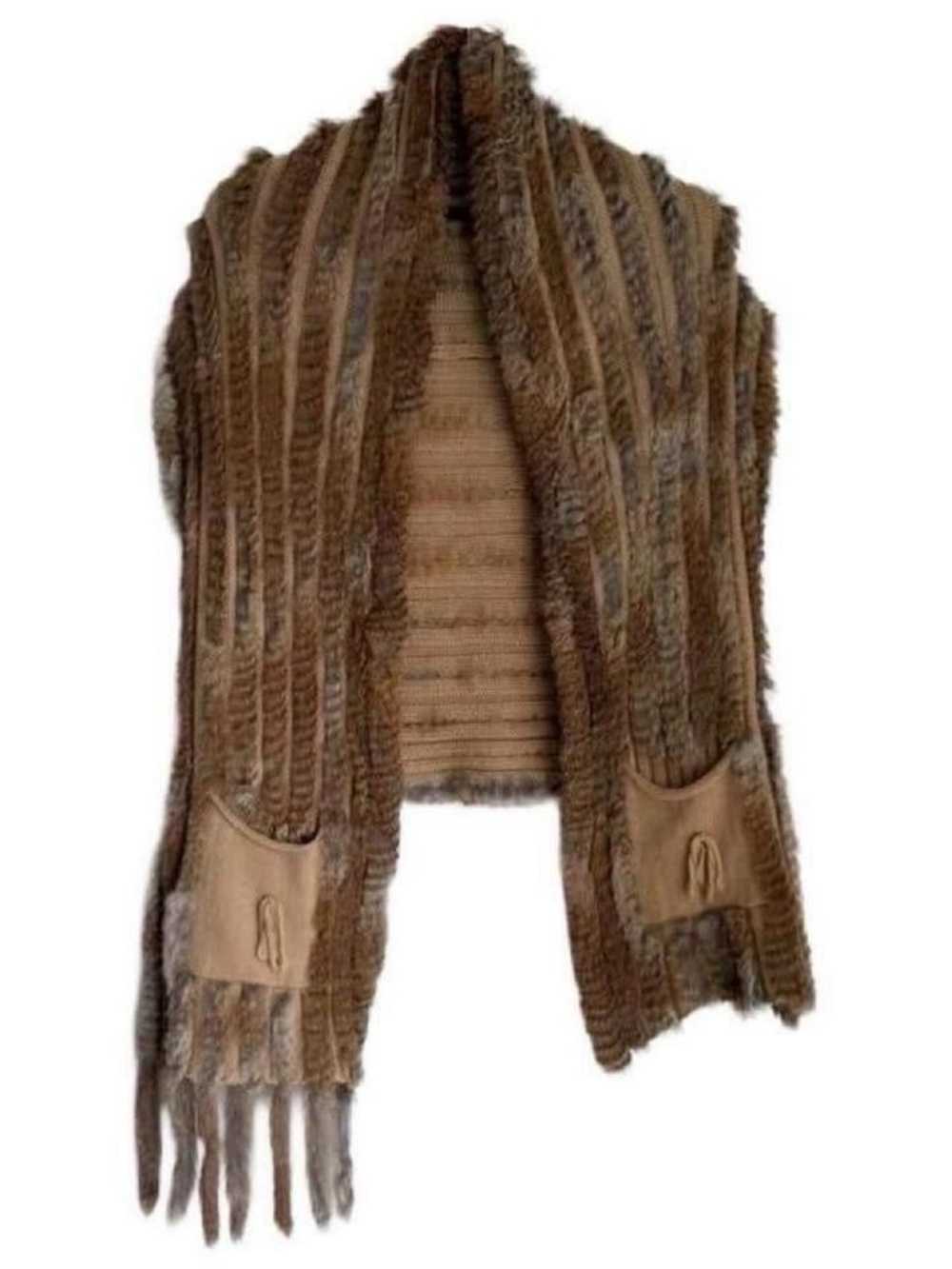 Vintage Y2K Crochet Real Rabbit Fur Brown Open Front Vest Shawl Cardigan Duster